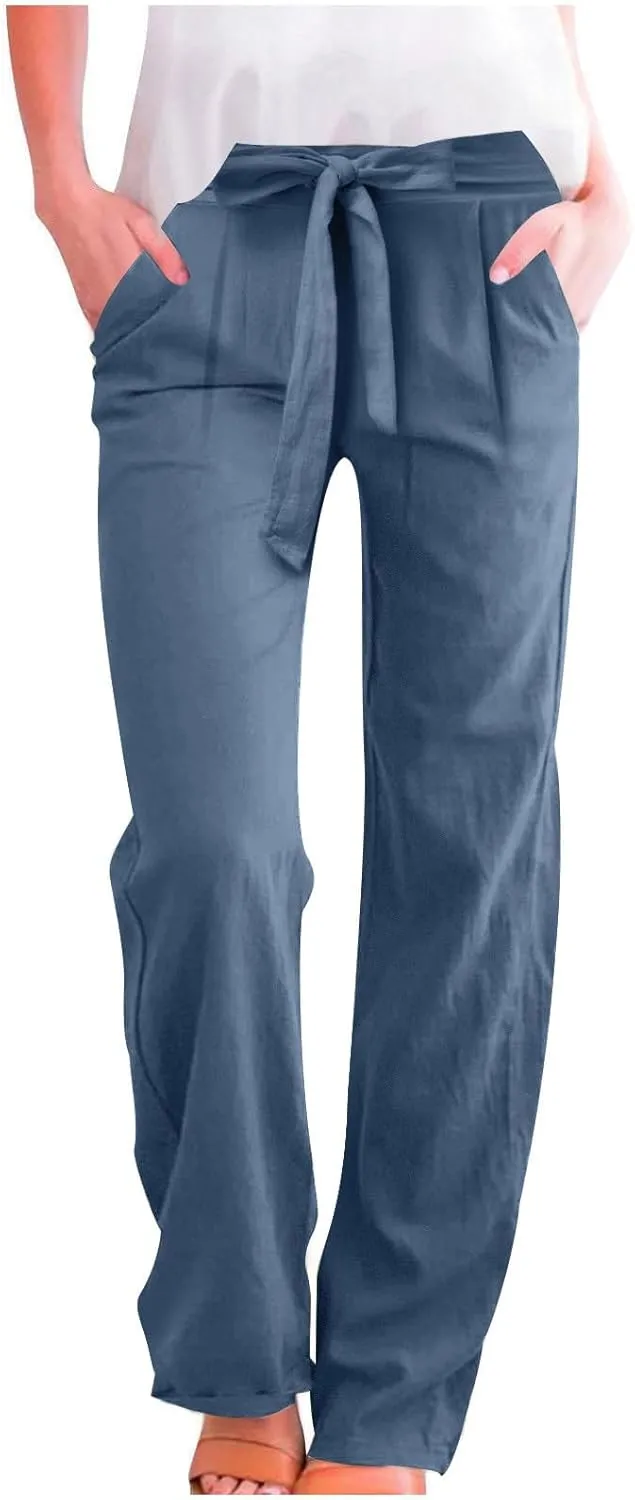 Women Straight Leg Linen Pants Summer Lightweight Drawstring High Waist Lounge Trousers Loose Comfy Boho Beach Pants