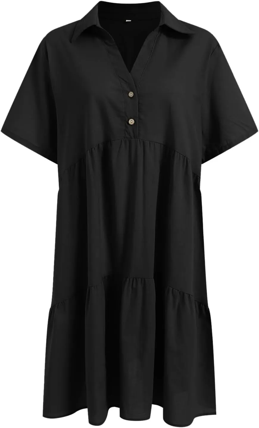 Women Summer Dresses Ruffle Sleeve Casual V Neck Swing Button Down Midi Dress with Pockets