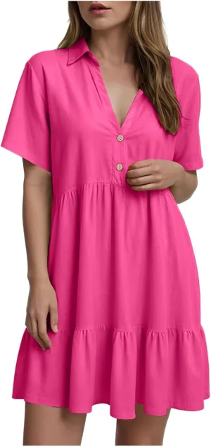 Women Summer Dresses Ruffle Sleeve Casual V Neck Swing Button Down Midi Dress with Pockets