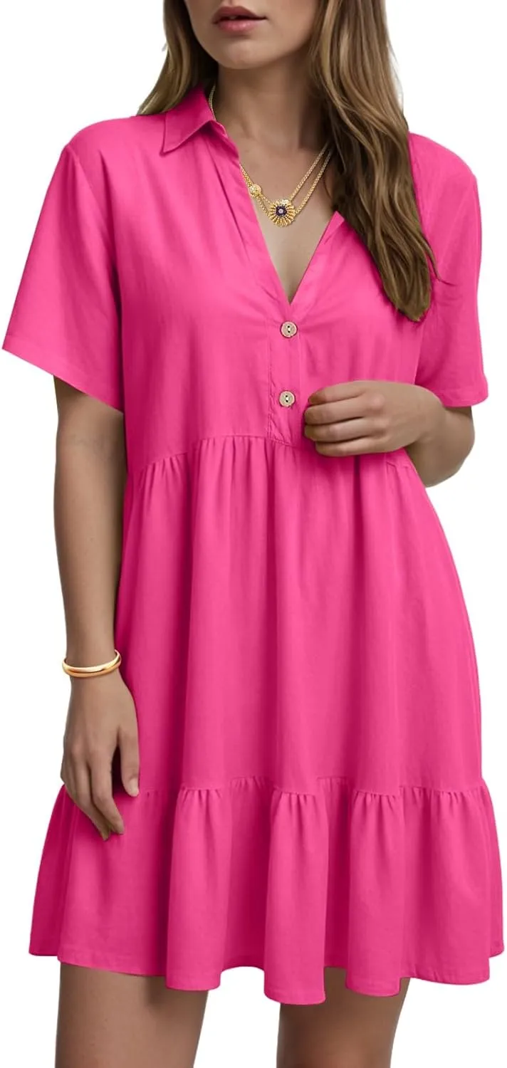 Women Summer Dresses Ruffle Sleeve Casual V Neck Swing Button Down Midi Dress with Pockets