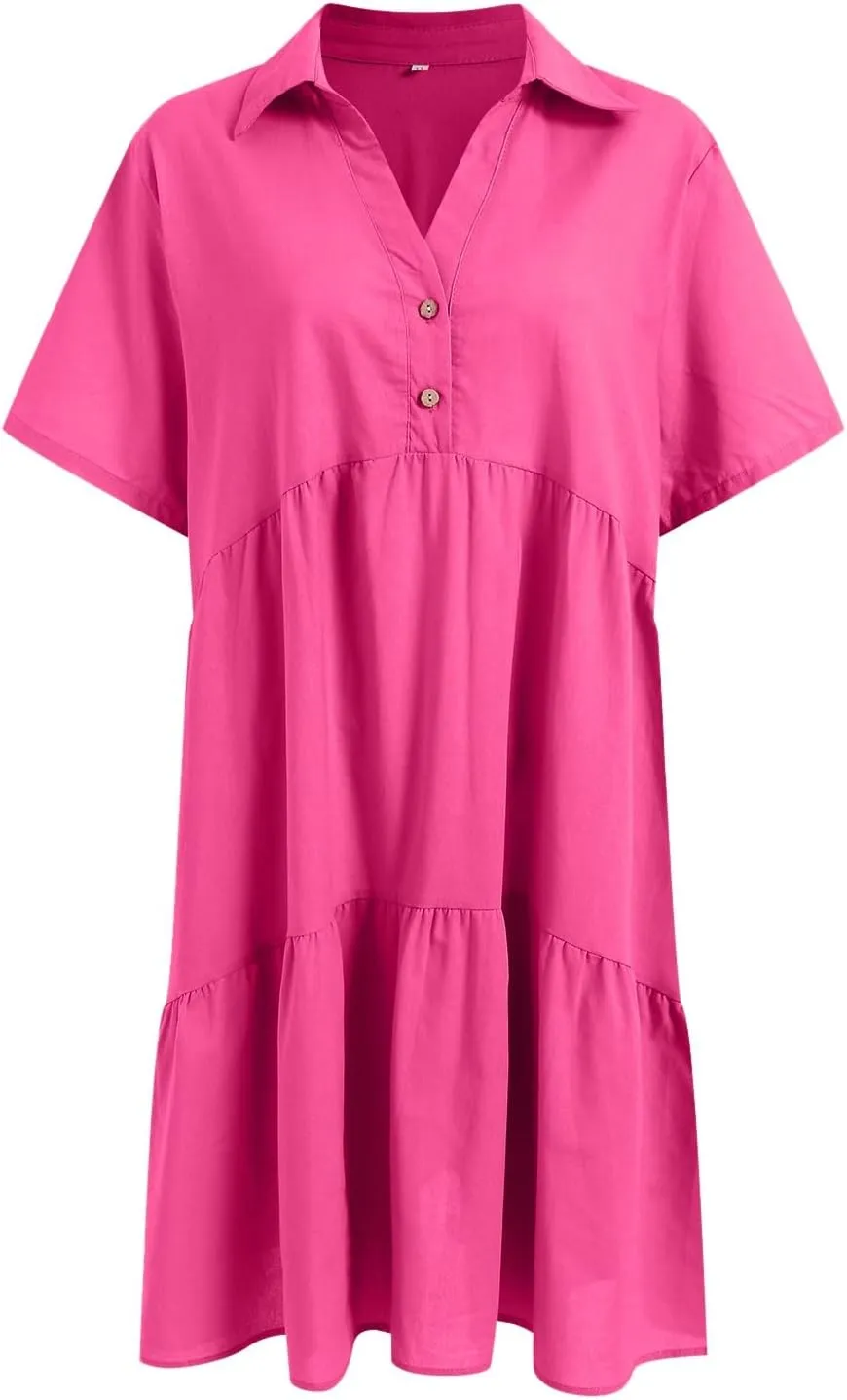 Women Summer Dresses Ruffle Sleeve Casual V Neck Swing Button Down Midi Dress with Pockets