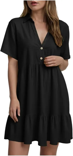 Women Summer Dresses Ruffle Sleeve Casual V Neck Swing Button Down Midi Dress with Pockets