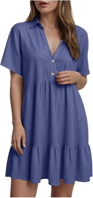Women Summer Dresses Ruffle Sleeve Casual V Neck Swing Button Down Midi Dress with Pockets