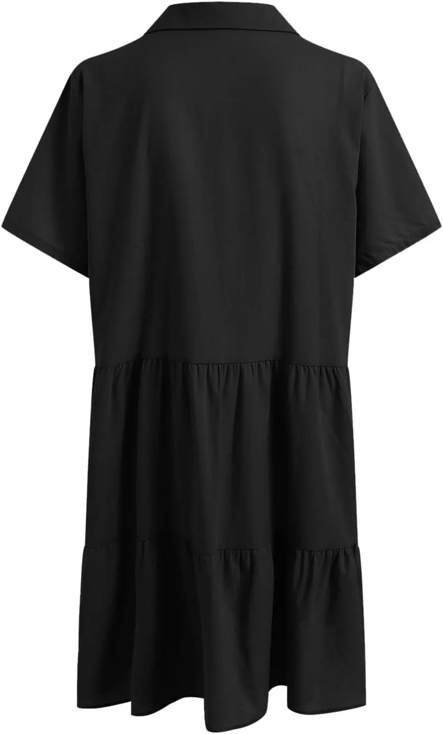 Women Summer Dresses Ruffle Sleeve Casual V Neck Swing Button Down Midi Dress with Pockets