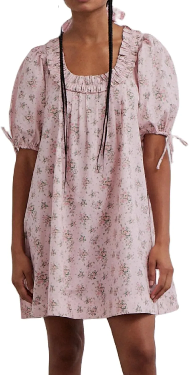 Women Y2k Short Puff Sleeve Flowy Babydoll Dress Square Neck Ruffle Beach Swing Mini Dress Cute Summer Nightgown