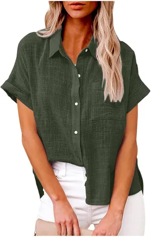 Womens Button Down Cotton Linen Shirts V Neck Roll Up Short Sleeve Blouses Loose Collared Shirt Summer Casual Tops