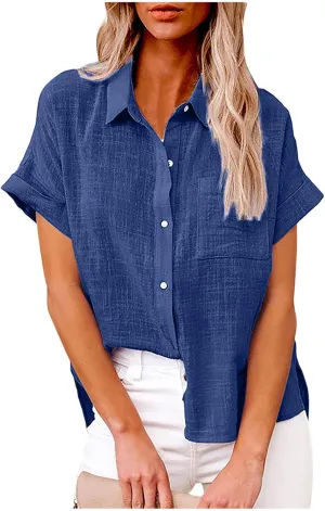 Womens Button Down Cotton Linen Shirts V Neck Roll Up Short Sleeve Blouses Loose Collared Shirt Summer Casual Tops