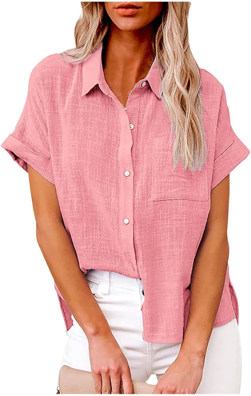 Womens Button Down Cotton Linen Shirts V Neck Roll Up Short Sleeve Blouses Loose Collared Shirt Summer Casual Tops