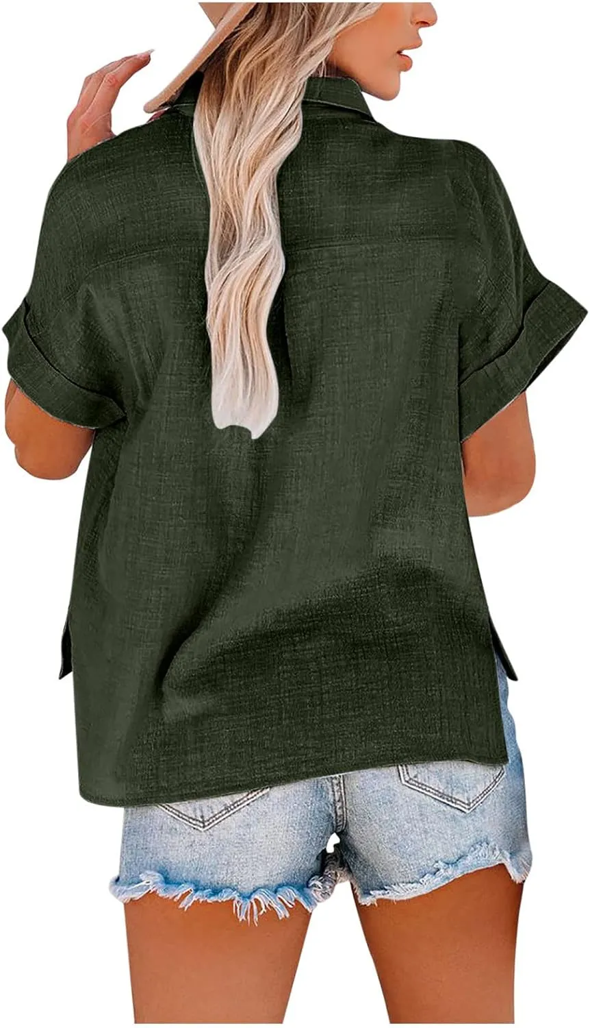 Womens Button Down Cotton Linen Shirts V Neck Roll Up Short Sleeve Blouses Loose Collared Shirt Summer Casual Tops