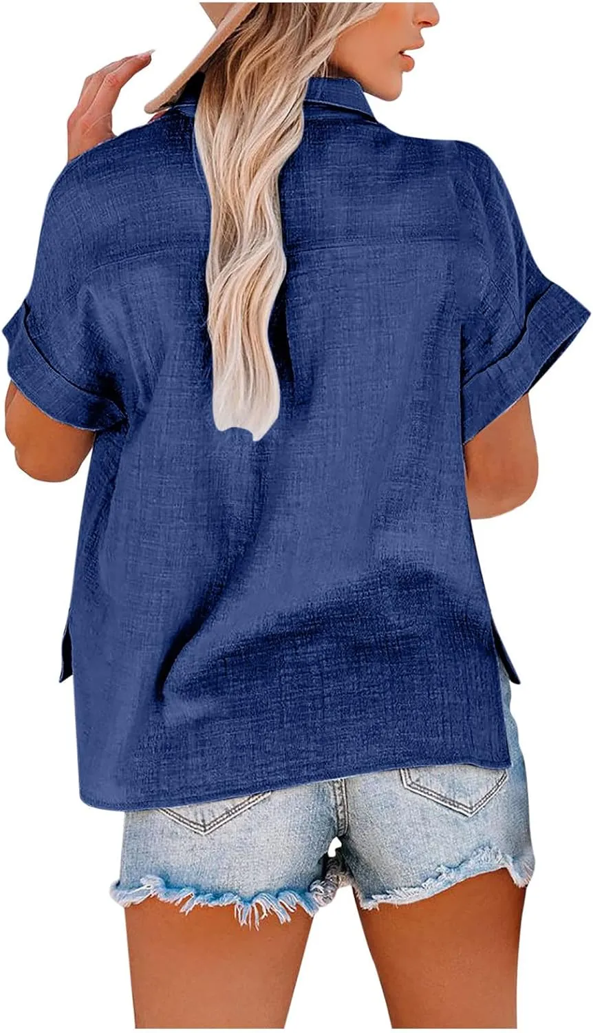Womens Button Down Cotton Linen Shirts V Neck Roll Up Short Sleeve Blouses Loose Collared Shirt Summer Casual Tops