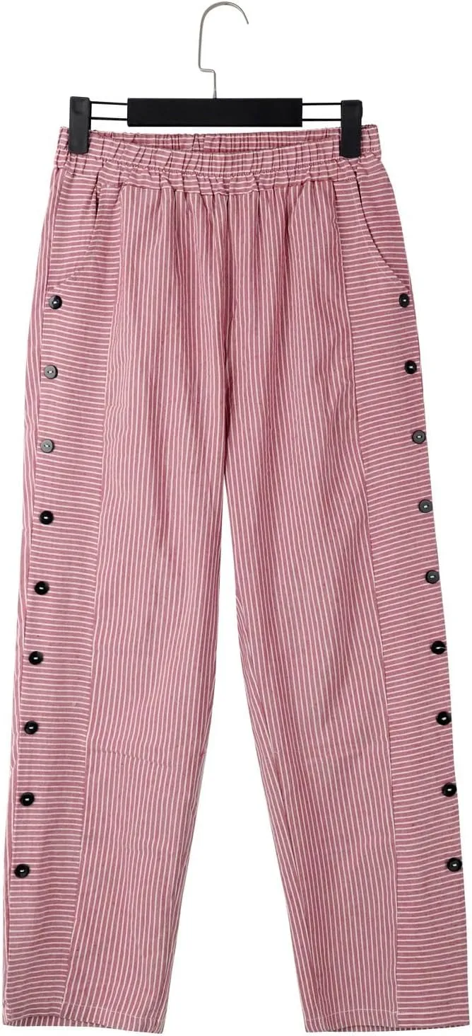 Womens Capris with Pockets Women'sCotton and Linen Striped Elastic Waistband High Waistband Wide Leg Palazzo