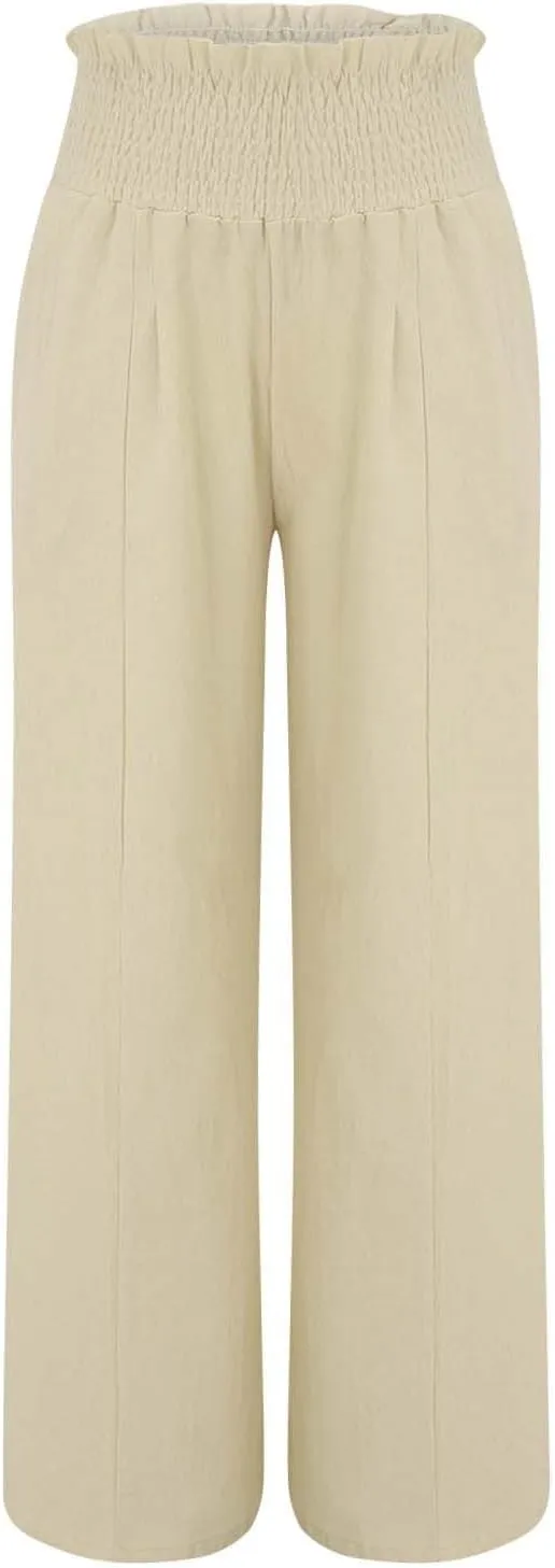 Womens Casual High Waisted Linen Pants Elastic High Waisted Beach Trousers Summer Casual Loose Wide Leg Palazzo Pants