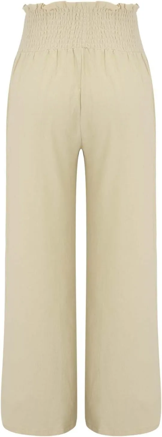 Womens Casual High Waisted Linen Pants Elastic High Waisted Beach Trousers Summer Casual Loose Wide Leg Palazzo Pants