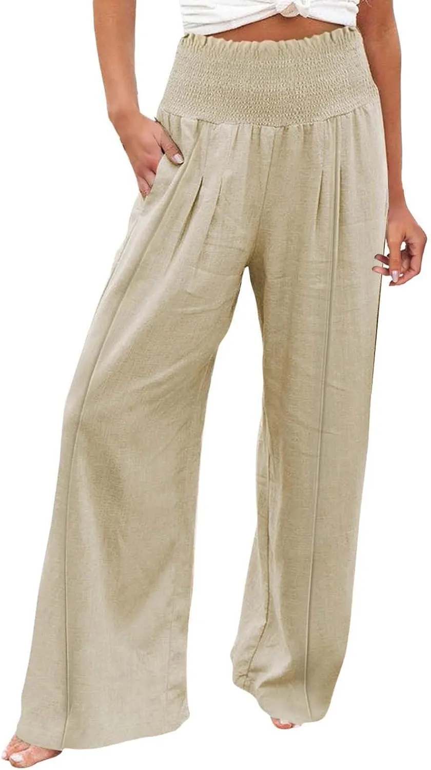 Womens Casual High Waisted Linen Pants Elastic High Waisted Beach Trousers Summer Casual Loose Wide Leg Palazzo Pants