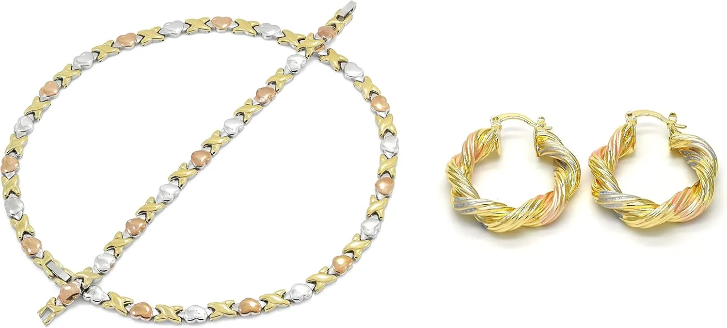 Women's Classic Hugs And Kisses XOXO Stampato Necklace Bracelet Earrings Jewelry Set Twist Rope Design Hoops Multi Color (Gold, Tri Colored)