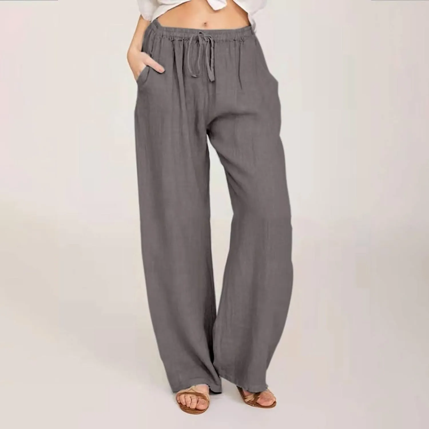 Womens Cotton Linen Pants Elastic High Waisted Casual Solid Drawstring Wide Leg Trousers Comfy Summer Beach Pant