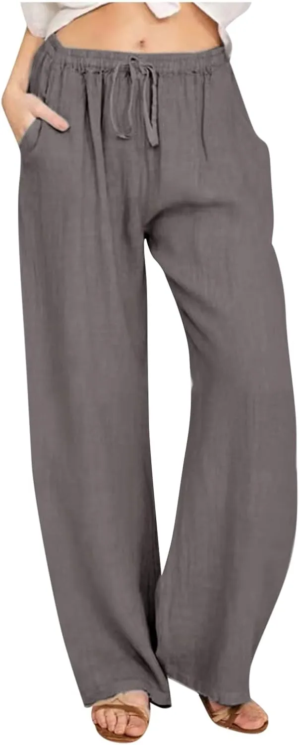 Womens Cotton Linen Pants Elastic High Waisted Casual Solid Drawstring Wide Leg Trousers Comfy Summer Beach Pant