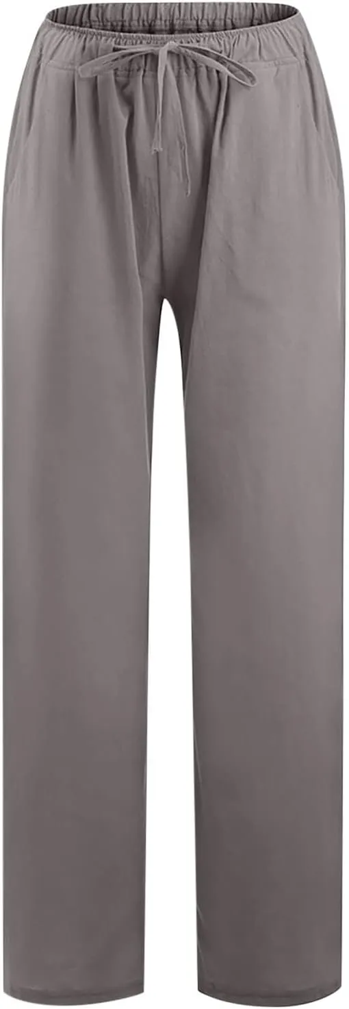 Womens Cotton Linen Pants Elastic High Waisted Casual Solid Drawstring Wide Leg Trousers Comfy Summer Beach Pant