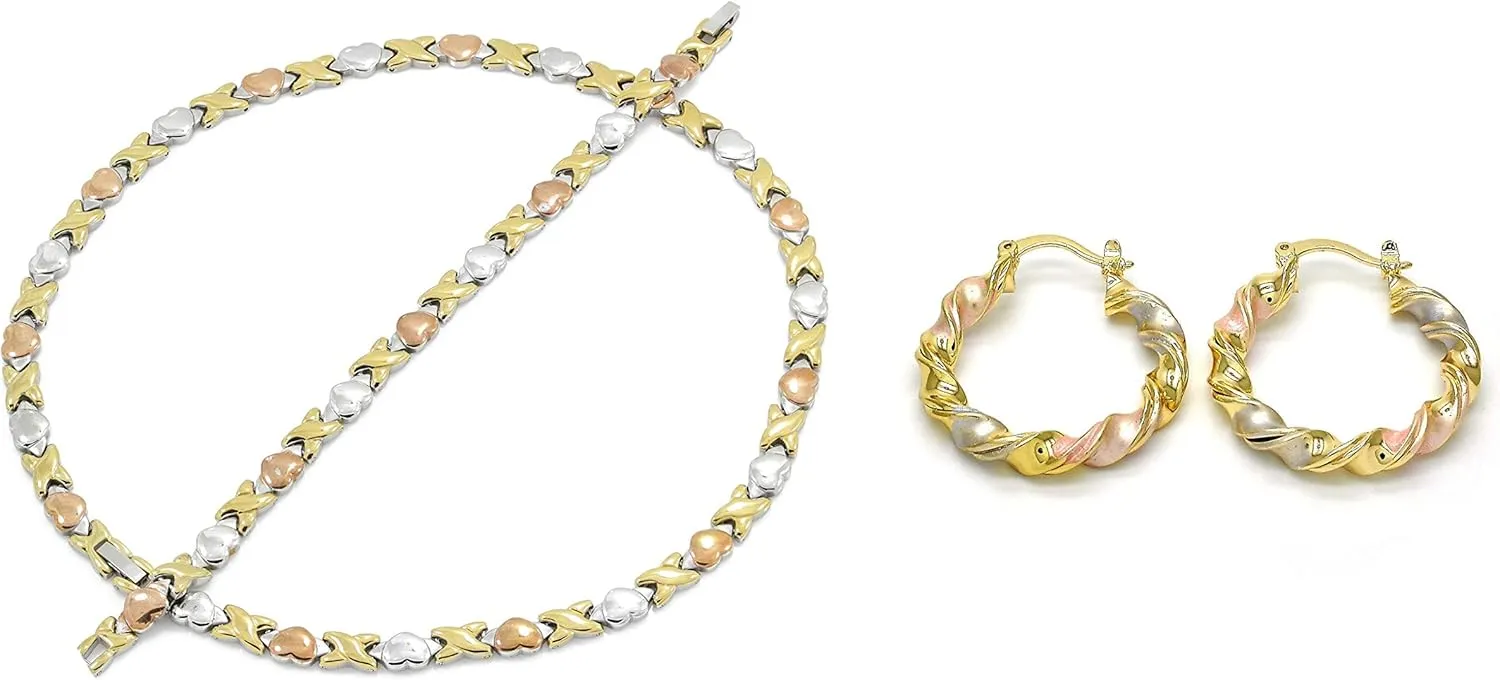Women's Hugs And Kisses XOXO Stampato Necklace Bracelet Earrings Jewelry Set Twist Shiny Glossy Hoops Multi Color (Gold, Tri Colored)