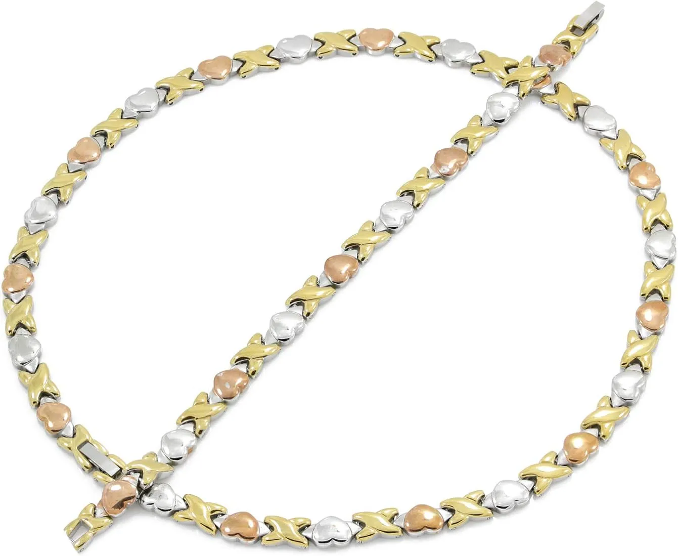 Women's Hugs And Kisses XOXO Stampato Necklace Bracelet Earrings Jewelry Set Twist Shiny Glossy Hoops Multi Color (Gold, Tri Colored)