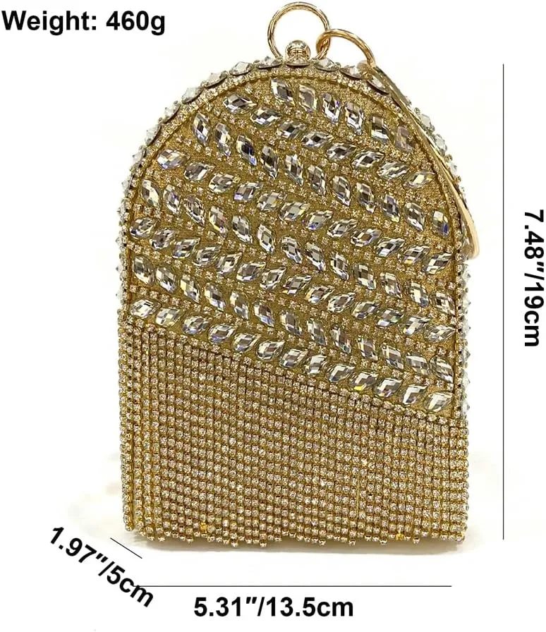 Women's Rhinestone Tassel Clutch Purse Crystal Ring Handle Evening Bag Elegant Wedding Prom Club Cocktail Party Handbag