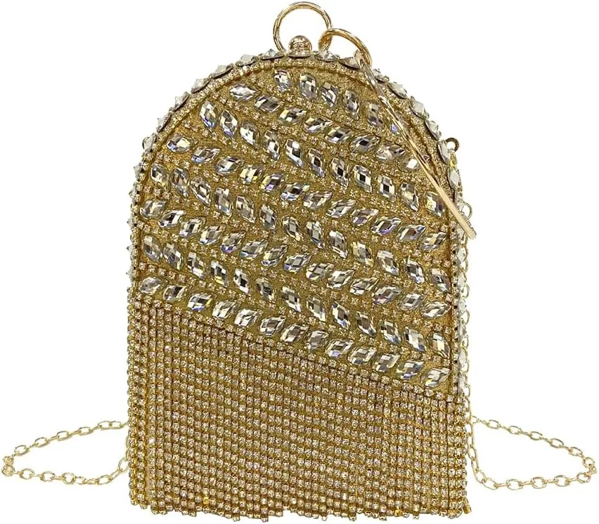 Women's Rhinestone Tassel Clutch Purse Crystal Ring Handle Evening Bag Elegant Wedding Prom Club Cocktail Party Handbag