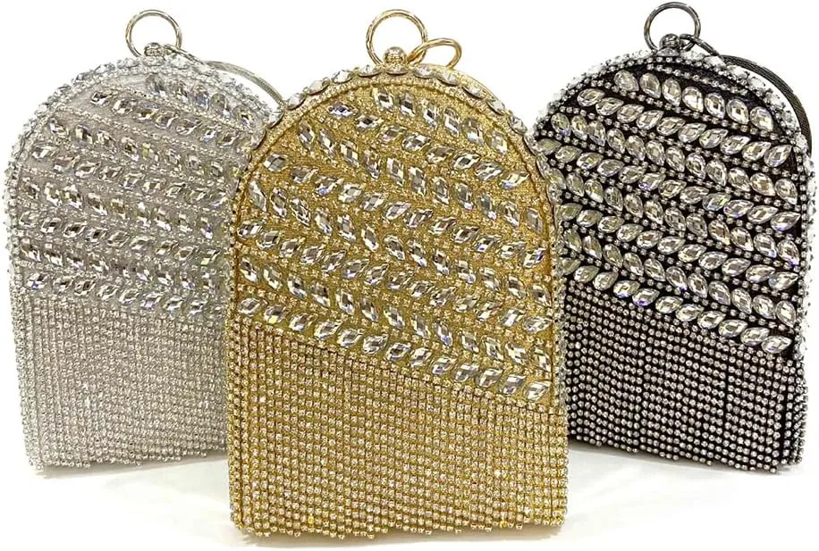 Women's Rhinestone Tassel Clutch Purse Crystal Ring Handle Evening Bag Elegant Wedding Prom Club Cocktail Party Handbag