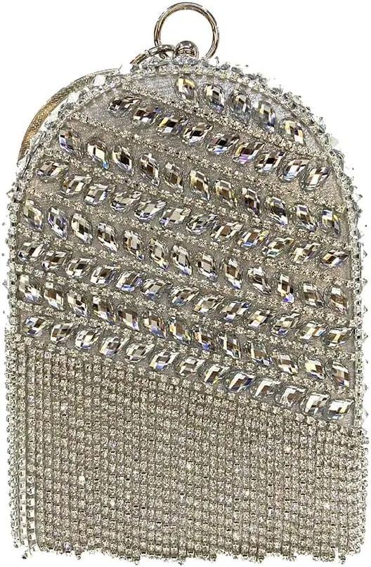 Women's Rhinestone Tassel Clutch Purse Crystal Ring Handle Evening Bag Elegant Wedding Prom Club Cocktail Party Handbag