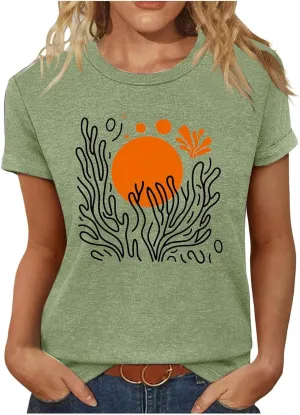 Womens Summer Tops 2025 Boho Vintage Floral Graphic Basic Tees Crewneck Short Sleeve Shirts