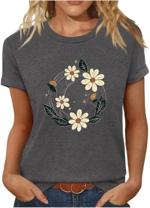 Womens Summer Tops 2025 Boho Vintage Floral Graphic Basic Tees Crewneck Short Sleeve Shirts