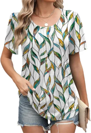 Womens Summer Tops Short Sleeve Shirts for Women Dressy Casual Crew Neck Pleated Tunics Blouses