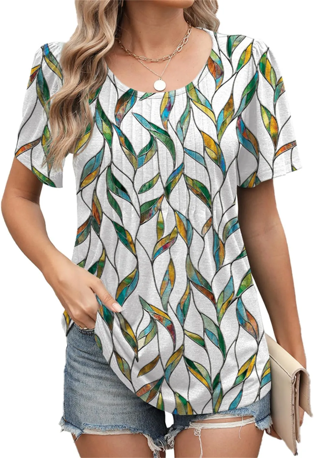 Womens Summer Tops Short Sleeve Shirts for Women Dressy Casual Crew Neck Pleated Tunics Blouses