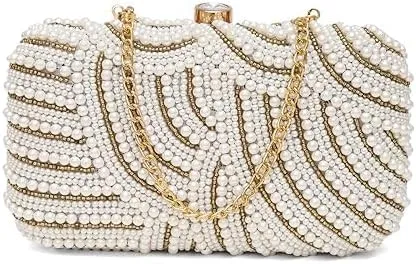 Women's White and Gold Hand Embroidery Box Clutch Bag, Party, Wedding Clutch Purse (SSFPLBOX127)