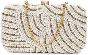 Women's White and Gold Hand Embroidery Box Clutch Bag, Party, Wedding Clutch Purse (SSFPLBOX127)