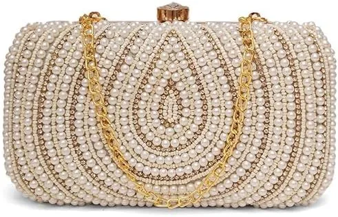 Women's White Hand Embroidery Box Clutch Purse Bag with detachable Sling