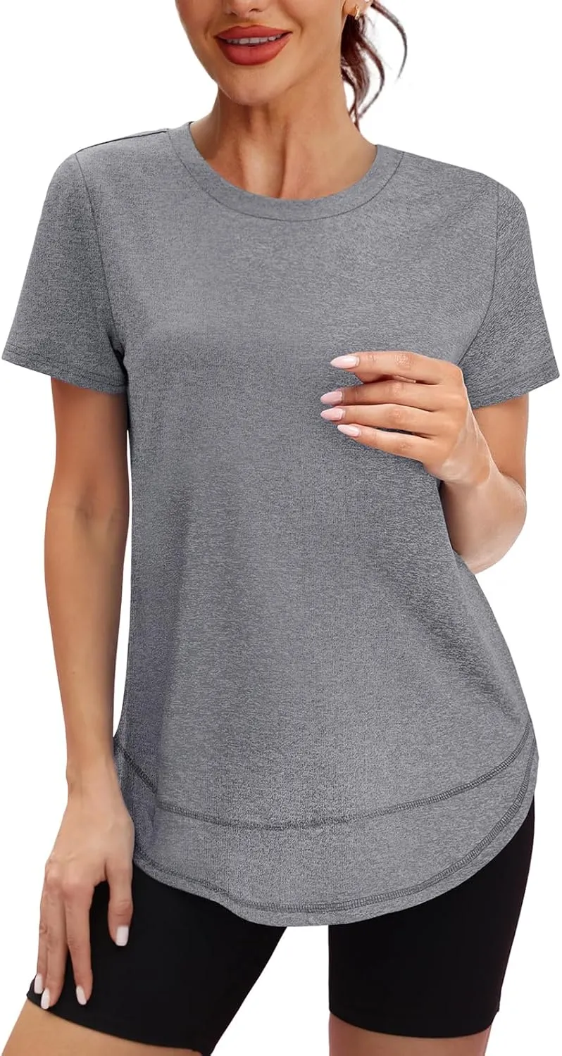 Womens Workout Tops Short Sleeve Shirts with Sun Protection Trendy Spring Summer Outfits S-3XL