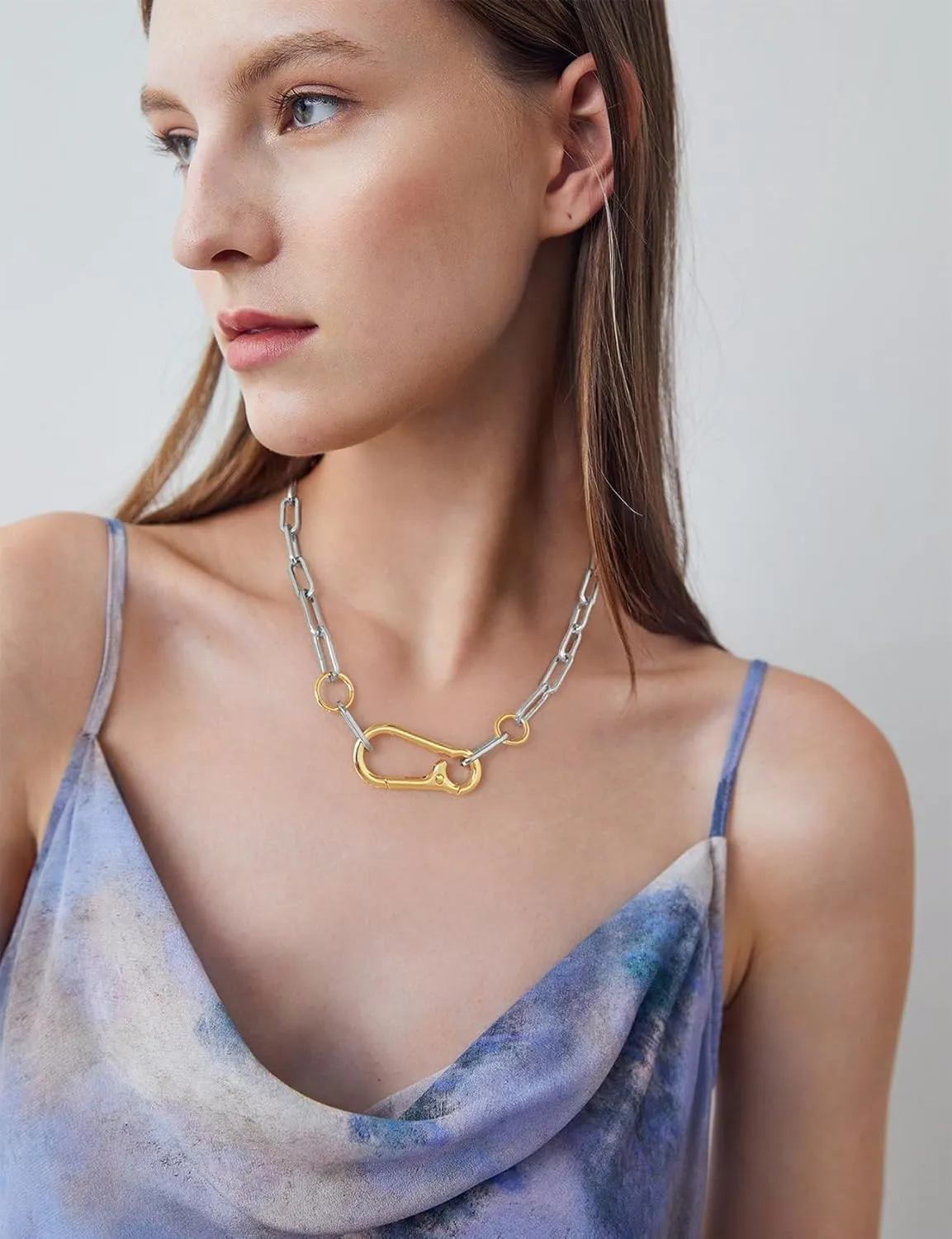 WOWORAMA Two Tone Gold Silver Cuban Link Chain Necklace Choker Unisex Chunky Chain Choker Necklace for Women Men, 18"