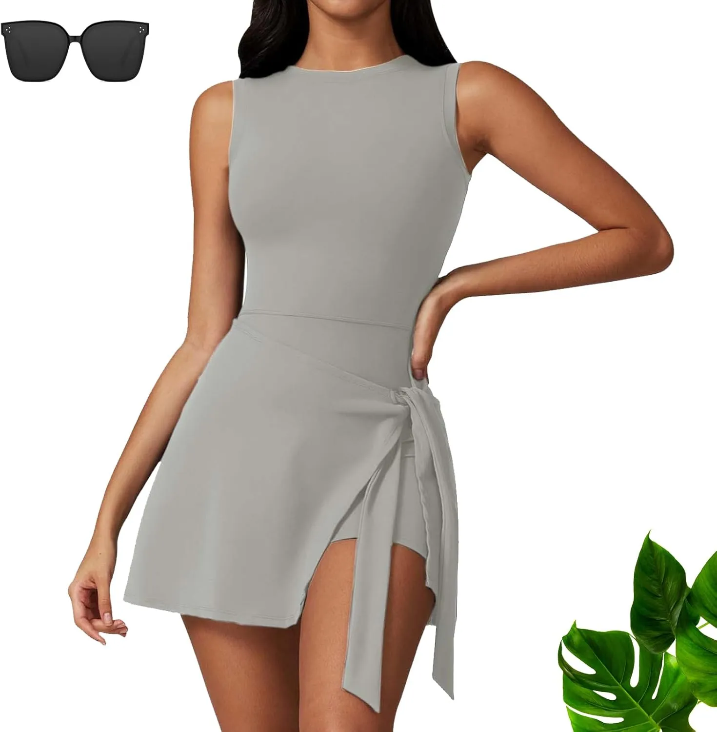 Wrap Sports Dress, Wrap Skort Dress, Womens Sleeveless Workout Athletic Rompers Zipper Back Pocket Onesie Short Jumpsuits (US, Alpha, Small, Regular, Regular, gray)
