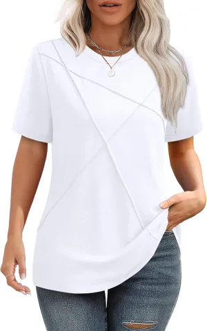 XIEERDUO Womens Summer Tops 2025 Pleated Round Neck Short Sleeve Shirts Business Casual