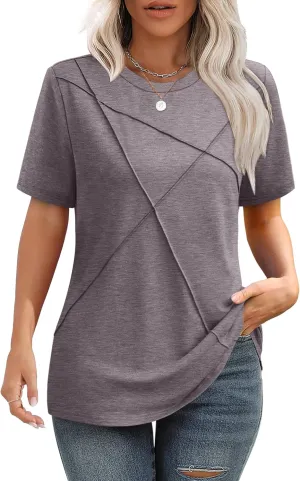 XIEERDUO Womens Summer Tops 2025 Pleated Round Neck Short Sleeve Shirts Business Casual