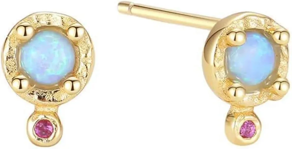 Y CREATIONS Opal and Pink Sapphire Stud Earrings, 14K Gold Plated, Delicate Round Design, 0.25 Inches