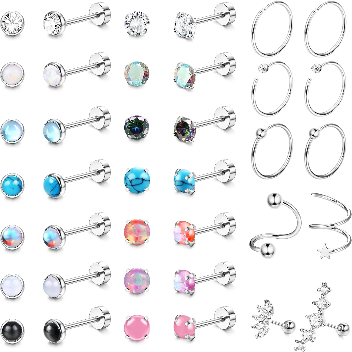 YADOCA 19Pairs Hypoallergenic Screw Back Earrings for Women Men Surgical Steel Flat Back Stud Earrings Tiny CZ Opal Moonstone Turquoise Screwback Earrings Cartilage Earrings Stud Hoops Set Helix Tragus Daith Piercing