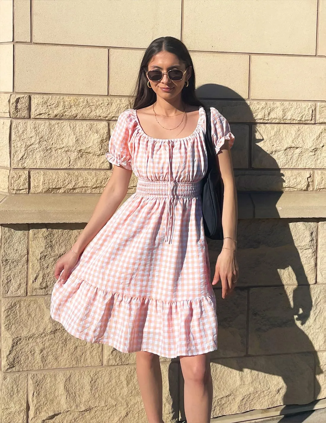 ZESICA Women's 2025 Summer Boho Plaid Mini Dress Square Neck Puff Short Sleeve Ruffle A Line Swing Short Dresses