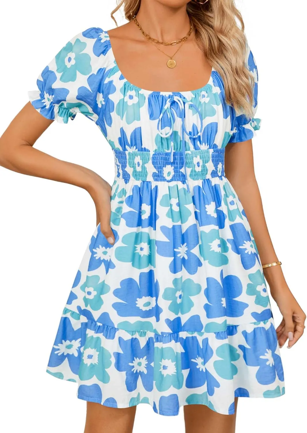 ZESICA Women's 2025 Summer Boho Plaid Mini Dress Square Neck Puff Short Sleeve Ruffle A Line Swing Short Dresses