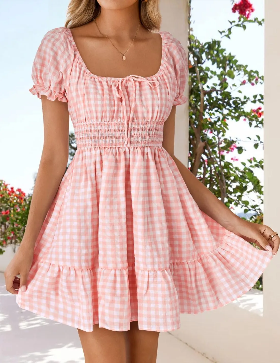 ZESICA Women's 2025 Summer Boho Plaid Mini Dress Square Neck Puff Short Sleeve Ruffle A Line Swing Short Dresses