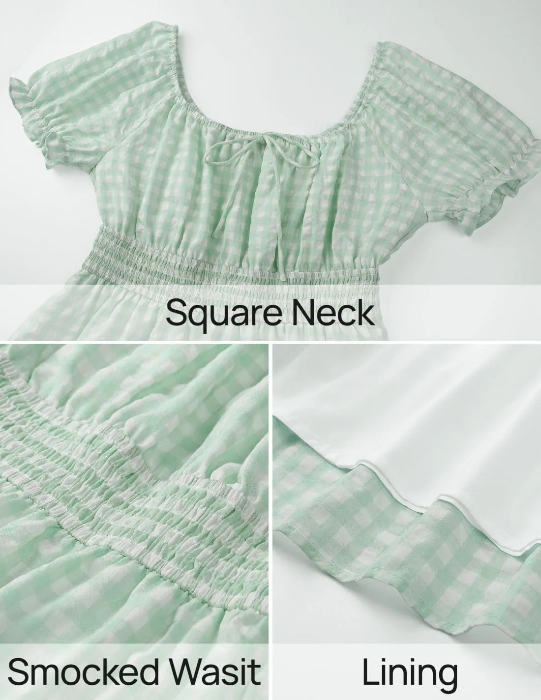 ZESICA Women's 2025 Summer Boho Plaid Mini Dress Square Neck Puff Short Sleeve Ruffle A Line Swing Short Dresses