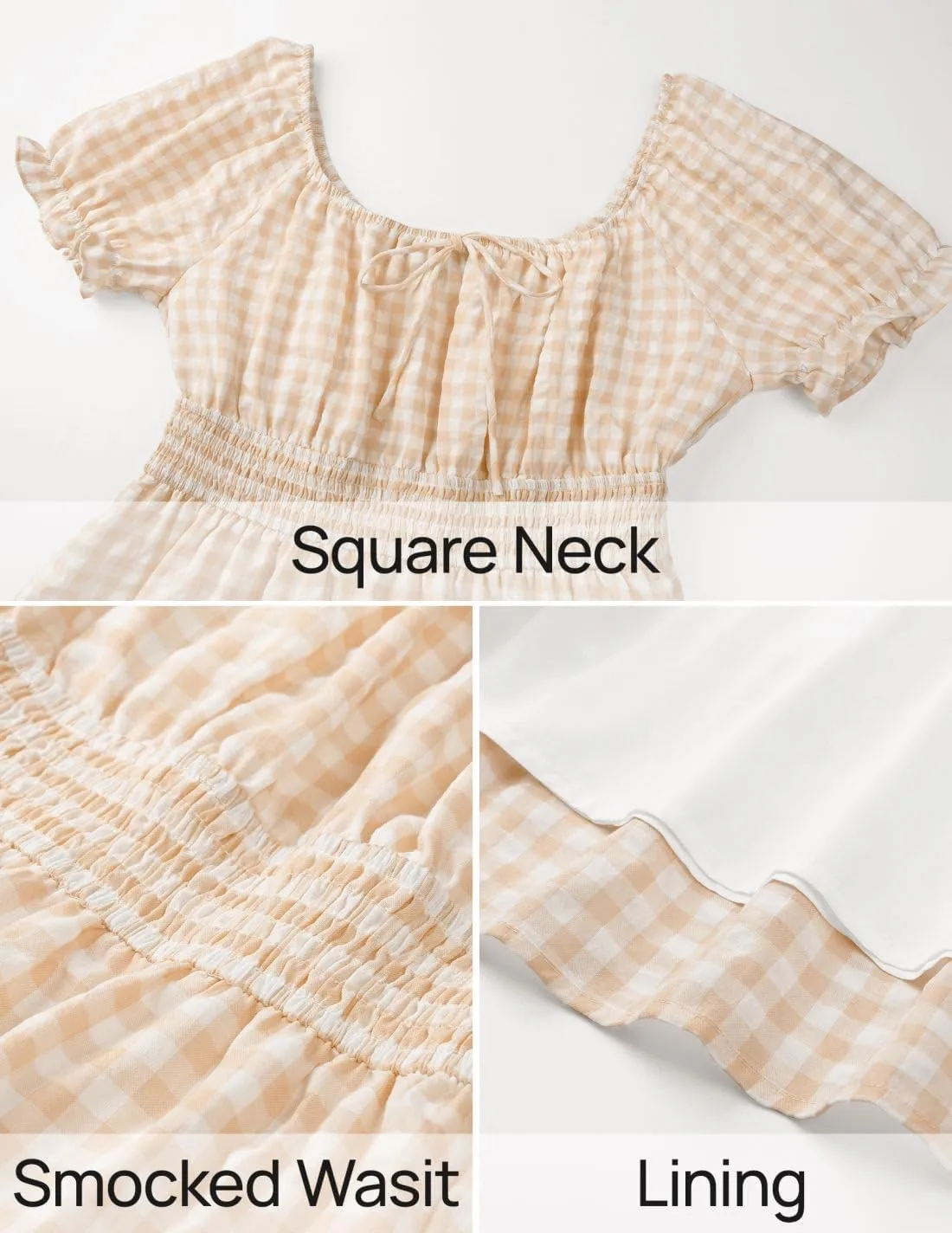 ZESICA Women's 2025 Summer Boho Plaid Mini Dress Square Neck Puff Short Sleeve Ruffle A Line Swing Short Dresses