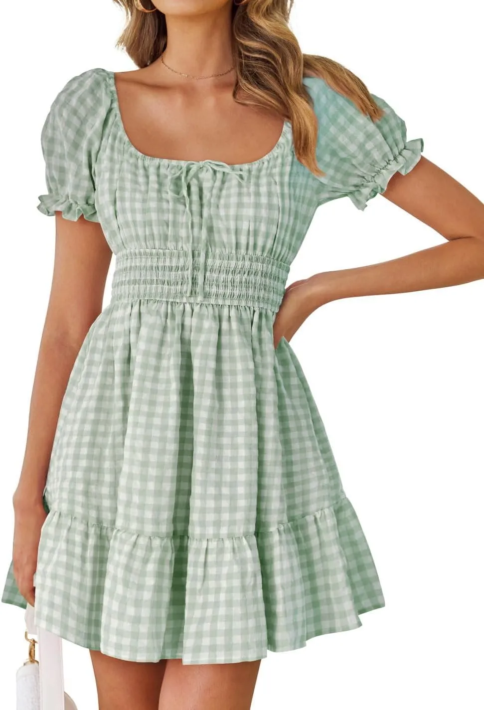 ZESICA Women's 2025 Summer Boho Plaid Mini Dress Square Neck Puff Short Sleeve Ruffle A Line Swing Short Dresses