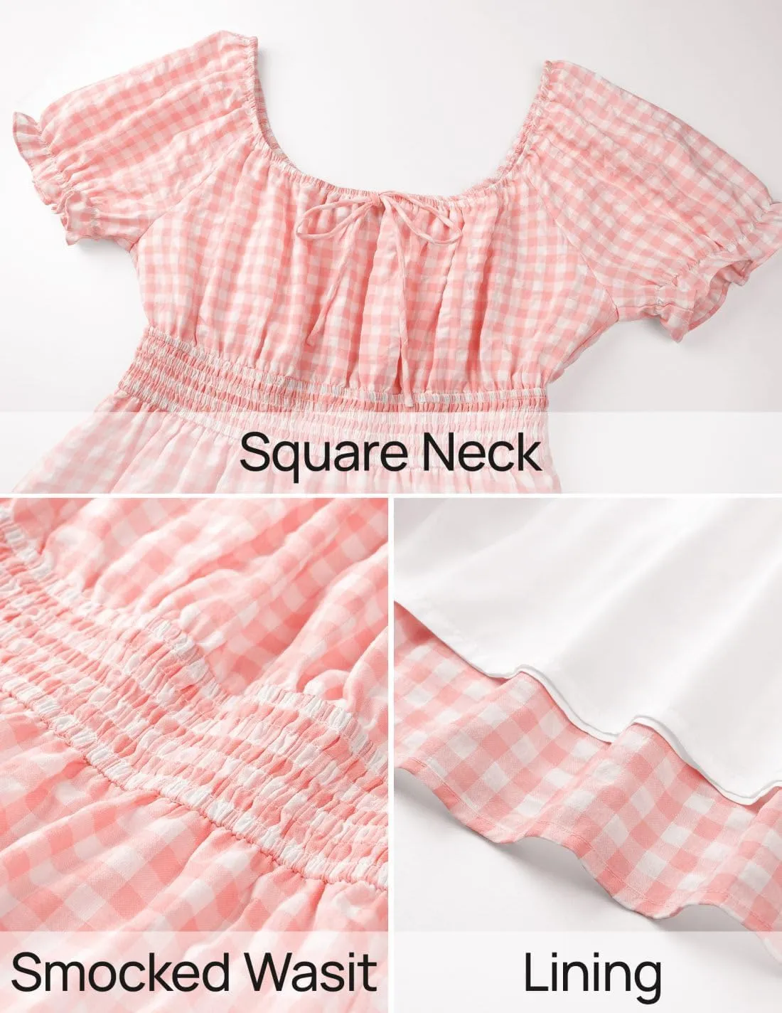 ZESICA Women's 2025 Summer Boho Plaid Mini Dress Square Neck Puff Short Sleeve Ruffle A Line Swing Short Dresses