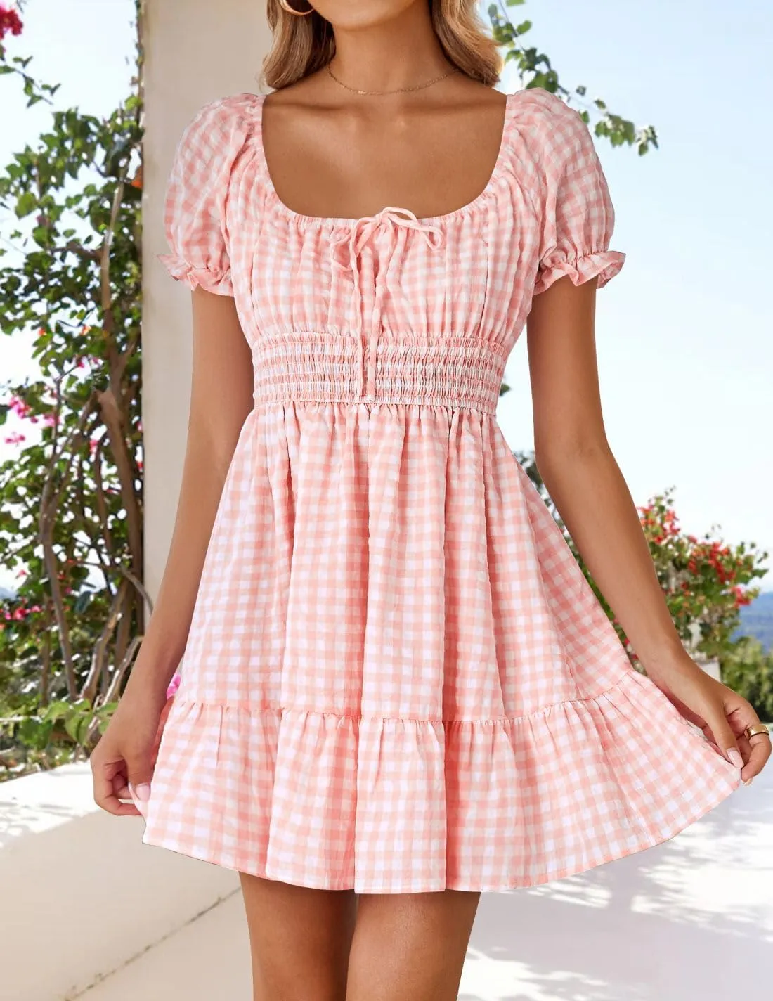 ZESICA Women's 2025 Summer Boho Plaid Mini Dress Square Neck Puff Short Sleeve Ruffle A Line Swing Short Dresses